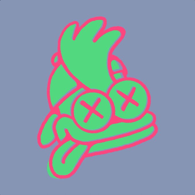 A digital drawing depicts a green sneaker with pink outlines, featuring two circular 'X' eyes on the side against a gray background.