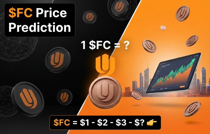 A graphic titled "$FC Price Prediction" featuring the Unreal (U) cryptocurrency logo against a black and orange background, asking "1 $FC = ?" and "$FC = $1 - $2 - $3 - $? 👉".