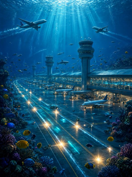 A fantasy digital artwork depicting an underwater airport scene with airplanes flying through water, an air traffic control tower, coral reefs, and tropical fish.