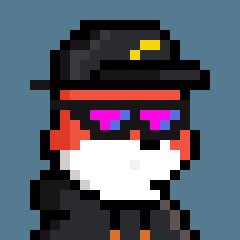 A pixel art character featuring a white bird-like figure with red cheeks, purple sunglasses, and a black hat, set against a teal background.