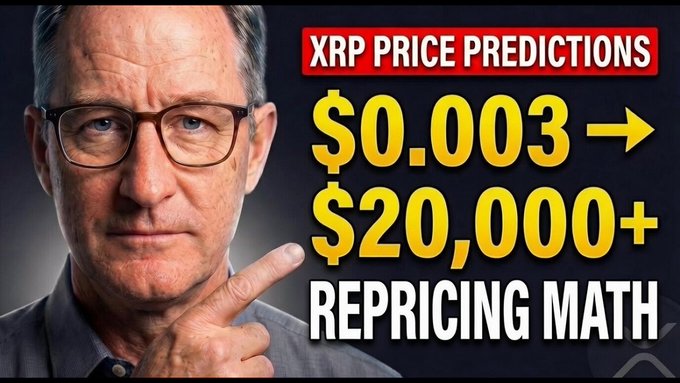A thumbnail image features a serious-looking man with glasses pointing upward, overlaid with bold text reading "XRP PRICE PREDICTIONS $0.003 → $20,000+ REPRICING MATH." The graphic illustrates the video's theme of analyzing various XRP price predictions and evaluating which targets proved significant.