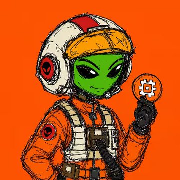 A cartoon illustration of a green alien wearing an orange spacesuit and white helmet, holding up a glowing Bitcoin symbol against an orange background.