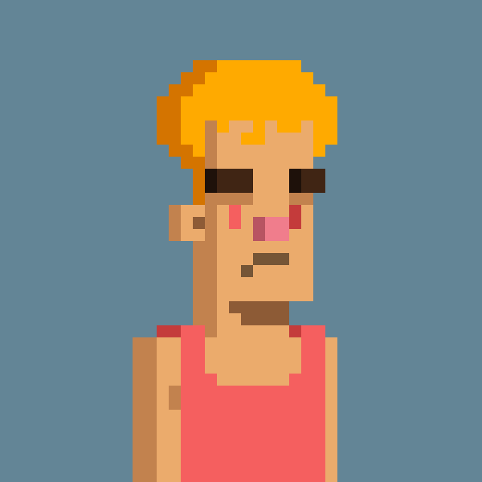 A low-resolution pixel art portrait of a person with spiky orange hair, a long face, and a red tank top against a solid blue background.