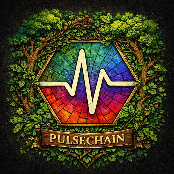 An ornate, stained-glass style emblem featuring a white heartbeat/pulse line, surrounded by green trees and leaves, with a banner reading 'PULSECHAIN' at the bottom.