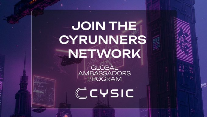The image features a poster with a city skyline at night, including buildings of various sizes and shapes. The text on the poster reads "JOIN THE CYRUNNERS NETWORK GLOBAL AMBASSADORS PROGRAM". This suggests that the poster is promoting an event or initiative related to the CyRunner community.