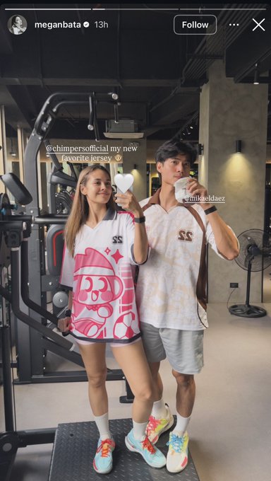 An Instagram post by meganbata showing her and @mikaeldaez in a gym wearing matching white and pink/brown athletic jerseys, with the caption '@chimpersofficial my new favorite jersey'.