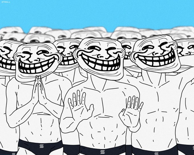 A cartoon illustration showing a crowd of identical trollface characters with the central figure making an 'OK' gesture with both hands, signed '#TROLL' in the top left corner.