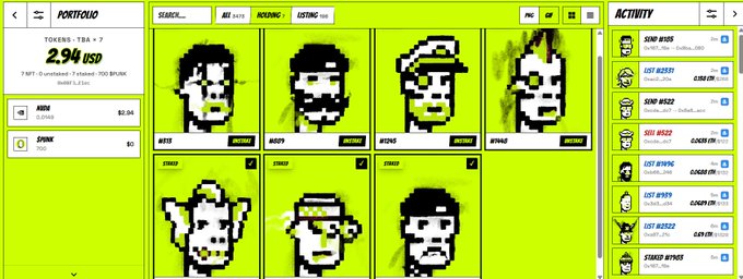 A digital art portfolio interface displaying pixel-art style portraits with a neon yellow-green background, showing various character designs and an activity feed on the right side.