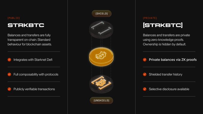 A graphic compares 'STAKBTC' (Public) and '[sTAKBTC]' (Private), detailing that public balances are transparent on-chain while private balances use zero-knowledge proofs with features like shielded transfer history.