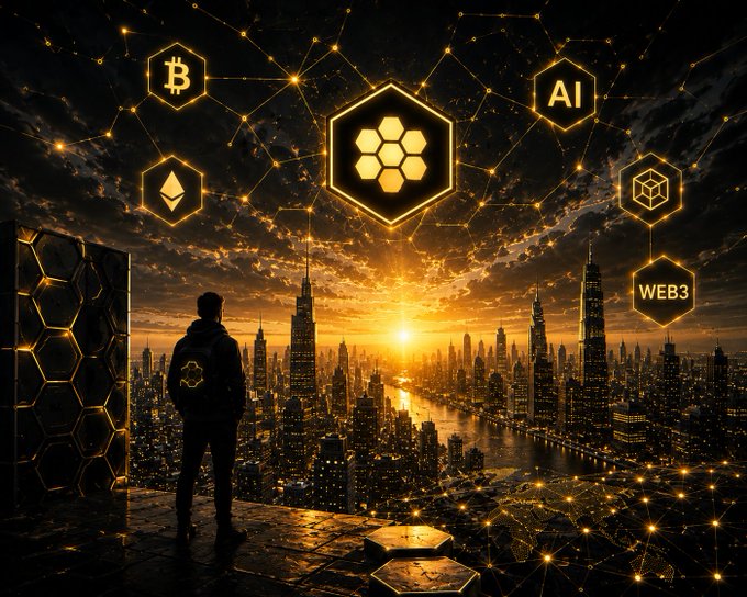 A digital artwork depicting a person standing on a rooftop overlooking a cityscape at sunset, surrounded by floating hexagonal icons representing cryptocurrency, AI, and Web3 technologies.