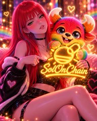 A digital illustration features a red-haired anime-style girl in a black outfit posing with a pink-haired furry character, accompanied by the glowing yellow text "Sol On Chain." The vibrant, neon-lit artwork visually complements the post's upbeat "GM" (good morning) message and promotion of a lively "freaky Friday" X Space hosted by Cherié.