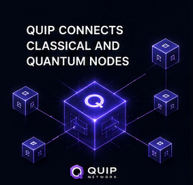 The image features a purple cube with a white "Q" on top, surrounded by six other cubes of varying sizes. The text above the image reads "Quip connects classical and Quantum nodes", which suggests that the focus of this project is on integrating classical networking principles with modern Quantum computing technology to create a more powerful network infrastructure. This approach contrasts with traditional networking methods, where protocols are often replaced or updated individually for each device within an ecosystem. The post emphasizes the importance of integration in today's rapidly advancing technological landscape and how Quip Network works alongside existing ecosystems rather than demanding complete protocol replacement.