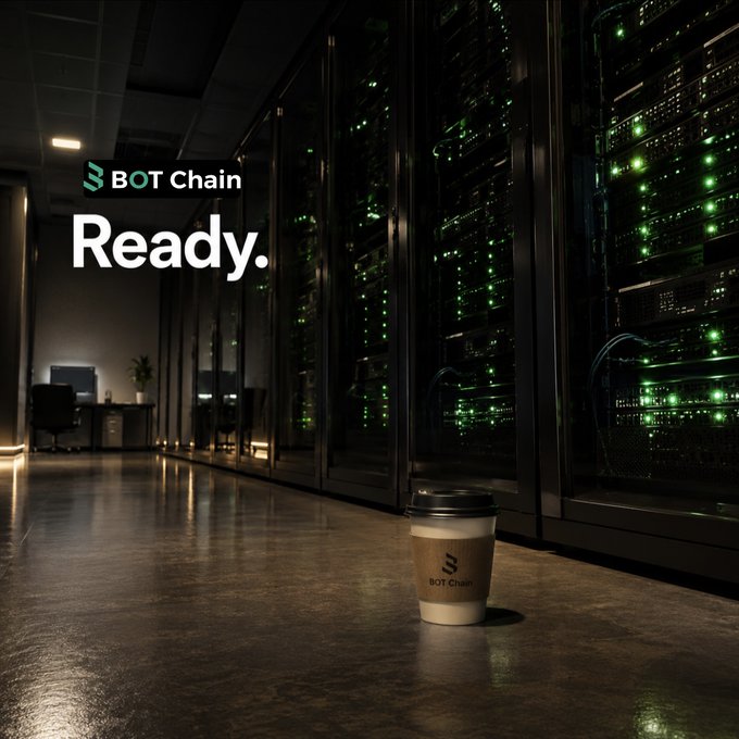 A promotional image for 'BOT Chain' featuring server racks with green lights and a coffee cup with the BOT Chain logo, captioned 'Ready.'