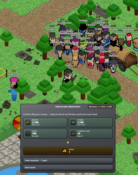 The image shows a map of a town with people standing around trees and buildings. The main focus of the image is a person named @PlayKintara who has just completed an exchange for gold at a marketplace, and they are now waiting in line to receive their reward. There are multiple people present in the scene, some of whom appear to be exchanging goods or services as well. The overall atmosphere seems to be one of excitement and anticipation, with everyone eager to claim their share of the rewards.