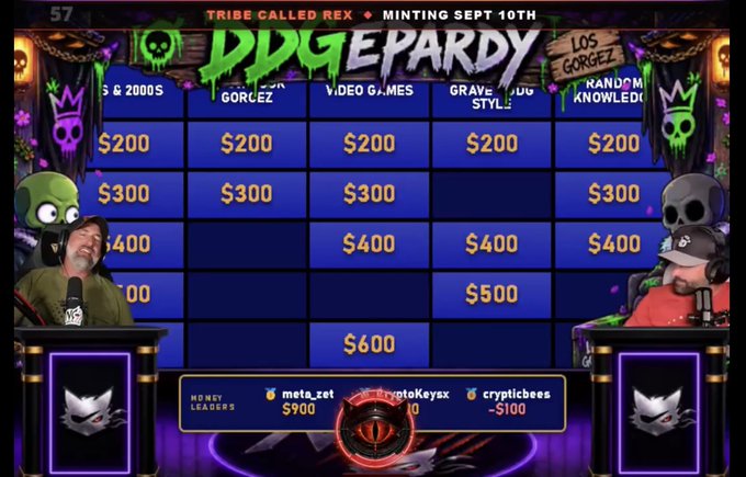 A Jeopardy-style game show titled 'DYGEPARDY' sponsored by 'TRIBE CALLED REX MINTING SEPT 10TH' with two competitors and category options including 'LOS GORJEZ' and 'GRAVE_OG STYLE', showing dollar values from $200 to $600.