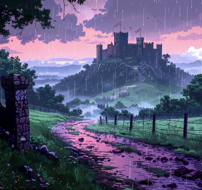 Anime-style landscape illustration depicting a stone castle on a hill during a rainstorm at sunset, with a winding path leading toward it and misty mountains in the background.