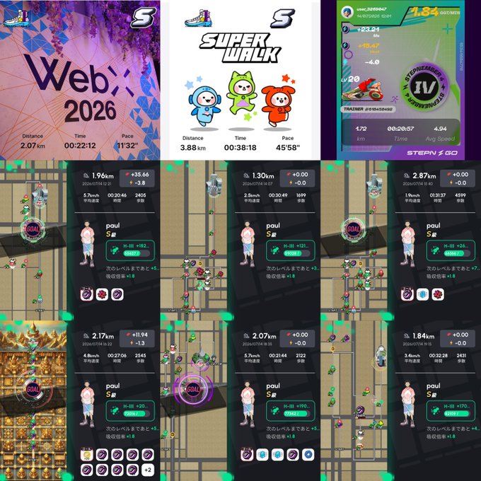 A collage of screenshots from the STEPN GO move-to-earn app, including 'Web3 2026' and 'Super Walk' event screens with stats like distance and pace, plus multiple gameplay captures showing a character named 'paul' leveling up and earning rewards.
