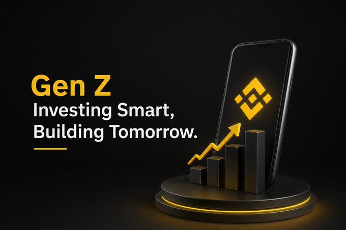 A smartphone displaying the Binance logo sits on a podium with rising bar graphs and an upward arrow, alongside the text "Gen Z: Investing Smart, Building Tomorrow." The image visually reinforces the post's message by symbolizing how Gen Z's digital-first mindset makes platforms like Binance and access to crypto/global markets feel intuitive and within reach.