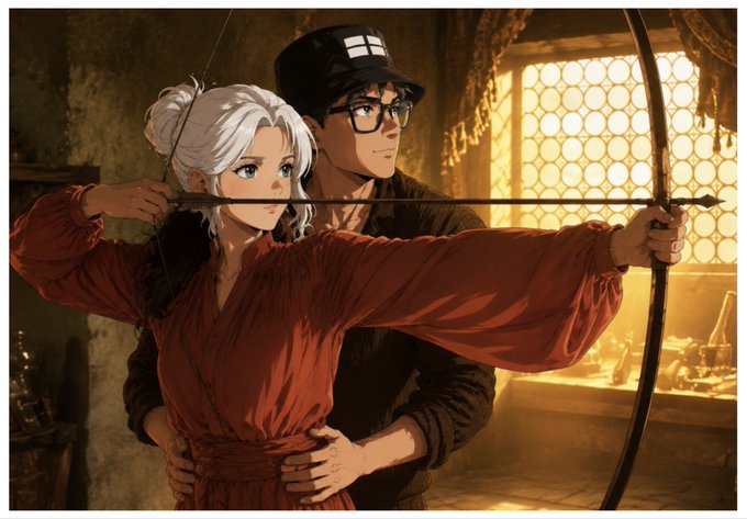 An anime-style illustration shows a white-haired woman in a red dress drawing a bow, guided by a man in a cap and glasses behind her.