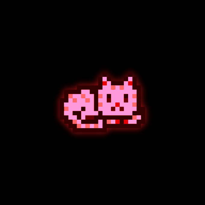 A pixel art image featuring two pink heart-like sprites with faces glowing with a red aura against a black background.