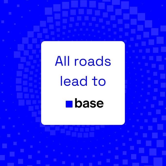 A graphic with a blue pixelated background features a white square containing the text "All roads lead to ■base".