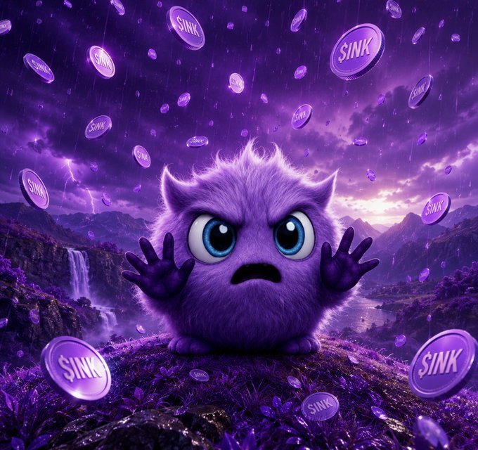 A wide-eyed, fluffy purple creature recoils in dismay as "$INK" tokens rain down around it against a stormy purple sky, visually capturing the crypto investor's dread of watching a token's value sink—tying into the post's theme of high-stakes airdrops where massive wealth creation can quickly turn into painful losses.