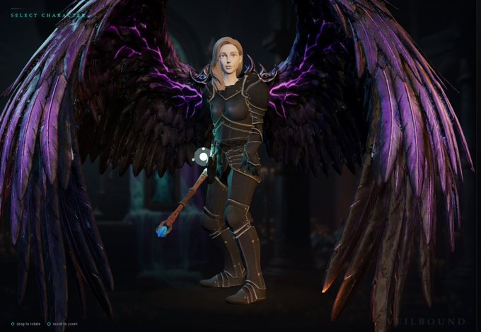 A blonde female character with large dark wings featuring purple energy accents stands holding a staff in the "Veilbound" character selection screen, showcasing the fantasy game's dark aesthetic. The image highlights the "VEILBOUND" branding and "SELECT CHARACTER" text, visually supporting the post's promotional reveal of receiving $1,000 worth of $VEIL from @veilboundgg.