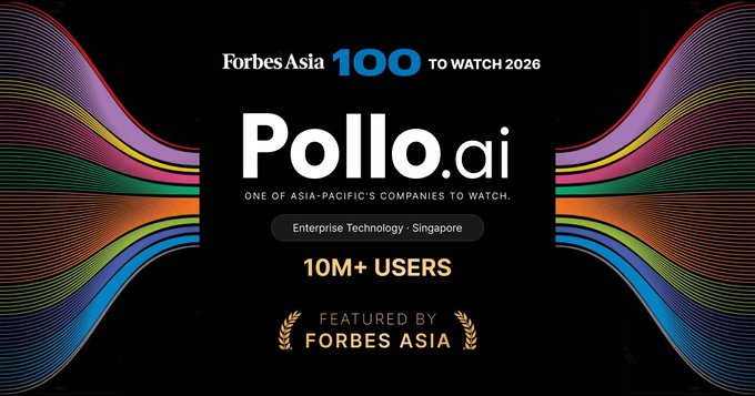 A Forbes Asia '100 TO WATCH 2026' promotional graphic featuring 'Pollo.ai' as 'ONE OF ASIA-PACIFIC'S COMPANIES TO WATCH' in 'Enterprise Technology · Singapore' with '10M+ USERS'.