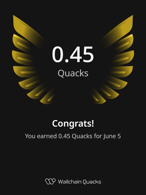 The image features a poster with an illustration of a bird's wing, which has gold and black colors. The text on the poster congratulates the user for earning 0.45 Quacks, indicating that they have completed a task or achieved something noteworthy in the context of Wallchain Quacks.