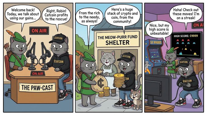 A three-panel cartoon featuring cats labeled "$CATCOIN" hosting "THE PAW-CAST," donating to "THE MEOW-PURR FUND SHELTER," and playing arcade games, with jokes about crypto profits and catcoin.