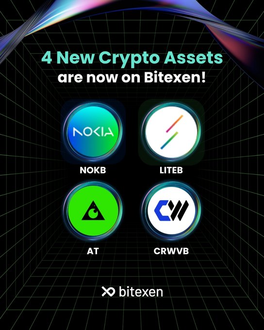 A promotional graphic with the headline "4 New Crypto Assets are now on Bitexen!" displays four circular logos for the tickers NOKB (Nokia), LITEB (Lumentum), AT (APRO), and CRWVB (CoreWeave) against a dark grid background with colorful light streaks, matching the accompanying post about these new tokenized assets being available on the Bitexen platform.