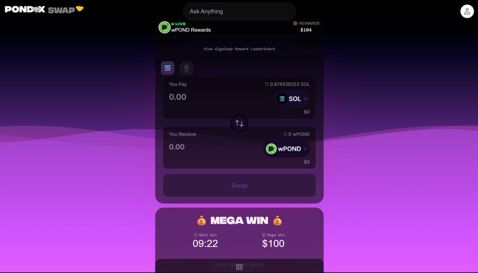 The image shows the PondX Swap interface featuring a SOL to wPOND token exchange with $104 in live wPOND Rewards, alongside a "MEGA WIN" countdown of 09:22 and a prize pool of $100, supporting the post's message about token swap rewards potentially "going GIGA" for tickers like $wPOND, $COPE, and $WONKA.