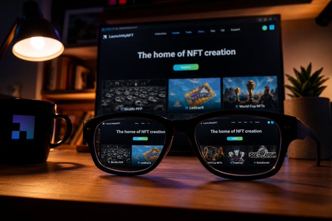 A cozy desk setup features a monitor and reflective sunglasses both displaying the LaunchMyNFT website with the tagline "The home of NFT creation," perfectly capturing the playful "Embrace Your Geekness Day" spirit of proudly collecting JPEGs.