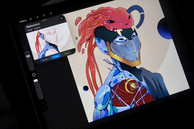A digital art interface displays a vibrant illustration of a blue-skinned figure with a red, blood-like hair element and gold accents on a tablet screen, with a reference import popup visible.