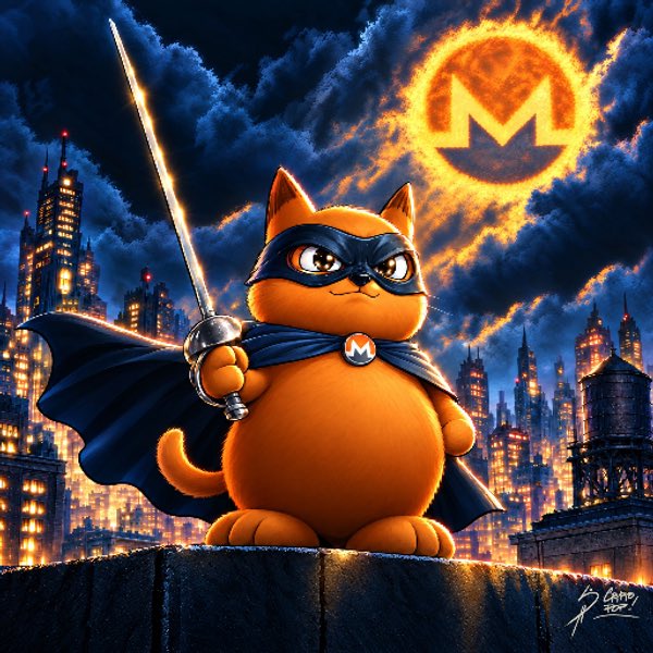 A cartoon illustration of an orange cat dressed as a masked superhero with a black cape, holding a sword, standing against a nighttime cityscape with a Monero (XMR) logo blazing in the sky.