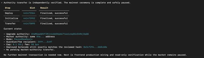 A terminal screenshot showing the completion of a Solana mainnet upgrade authority transfer, with steps "Deploy" (slot 441473304), "Initialize" (slot 441473952), and "Transfer" (slot 441475095) all marked as "Finalized, successful," confirming successful transfer to address "PaussNmweDwaLL...HtyQdS" with authority upgrade hash "HbMUopDXVf2DjJnebb6KpBo7teel26qDSzEkRbjJQdS" and bytecode hash "8e3cf294...bbbC6De."