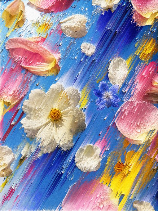 An abstract, colorful artwork combines painted flowers—including white, pink, and yellow blooms—with diagonal blue brushstrokes and water droplets.