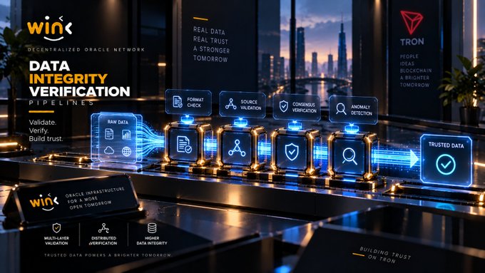 A futuristic promotional graphic for 'WINK' Decentralized Oracle Network showcasing Data Integrity Verification Pipelines, with text 'Real Data, Real Trust, A Stronger Tomorrow' and labeled nodes for Format Check, Source Validation, Consensus Verification, and Anomaly Detection leading to Trusted Data.