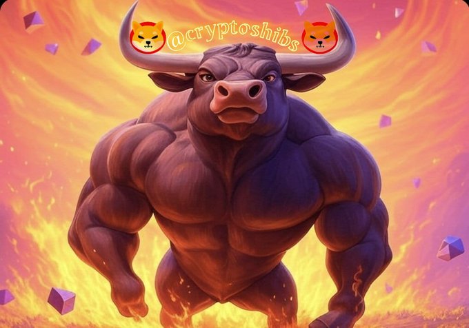 A digital illustration of a highly muscular, anthropomorphic brown bull stands amidst flames, with Shiba Inu dog emojis and the text '@cryptoshibs' floating above its horns.