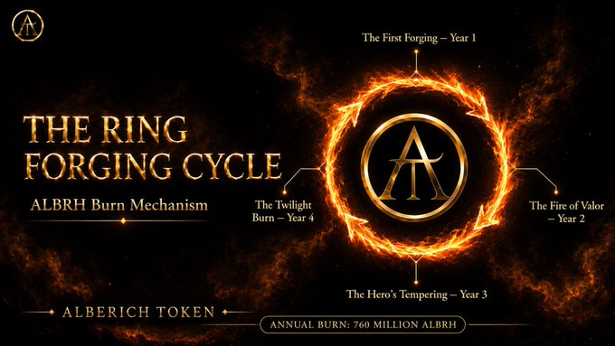 An infographic titled "THE RING FORGING CYCLE" describing the "ALBRH Burn Mechanism" across four years, with an "ANNUAL BURN: 760 MILLION ALBRH" and featuring the "ALBERICH TOKEN."