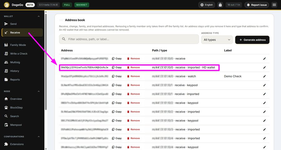 A screenshot of the DogeGo wallet application showing the 'Receive' address book with an arrow pointing to an imported HD wallet entry.