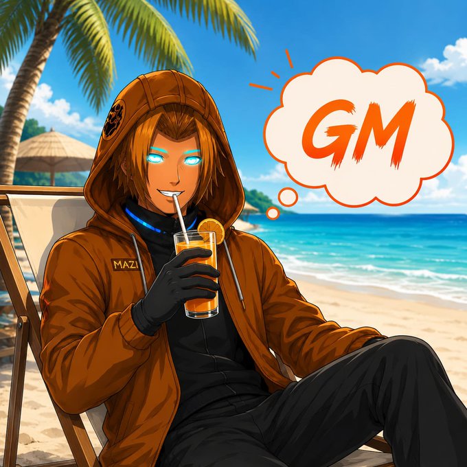 An anime-style illustration of a character with glowing cyan eyes wearing an orange hoodie labeled 'MAZI,' drinking orange juice on a tropical beach, with a thought bubble displaying 'GM'.