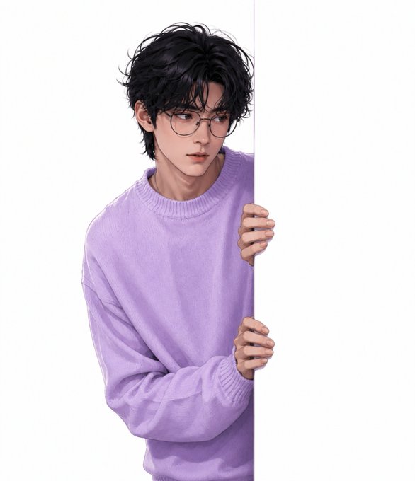 A digital illustration of a young man with dark wavy hair and round glasses, wearing a lavender purple sweater and peeking from behind a white wall.