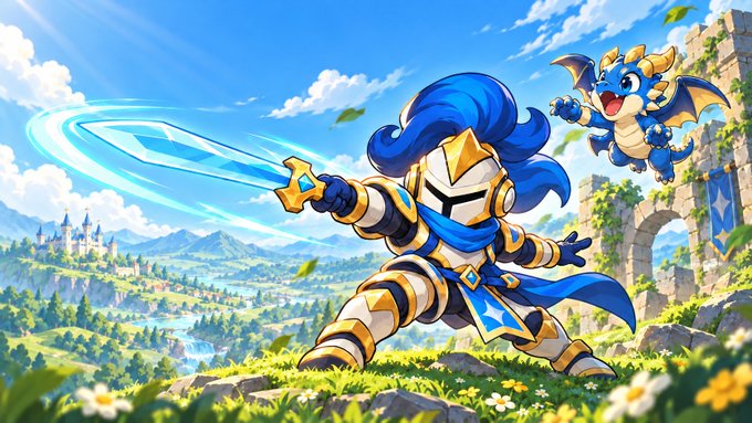 A fantasy illustration of a blue and gold knight wielding a glowing sword, accompanied by a small blue dragon, standing on a cliff overlooking a castle and green landscape.
