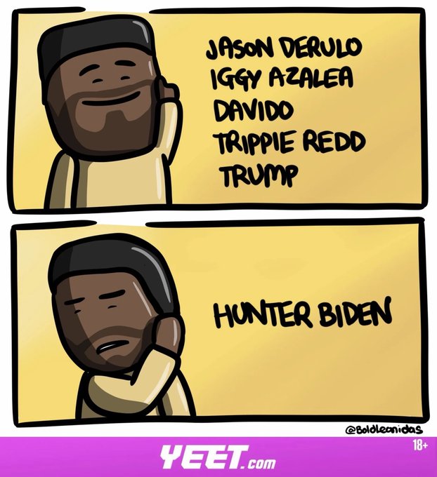 A two-panel comic shows a smiling Black cartoon man (artist "Baldeonidas") on the phone happily listing off celebrities—Jason Derulo, Iggy Azalea, Davido, Trippie Redd, and Trump—who have launched or are associated with memecoins, while the bottom panel shows the same man looking displeased as "Hunter Biden" appears alone. The image humorously contrasts the enthusiasm around celebrity memecoins with reluctance toward a potential Hunter Biden token, tying into the post's note about "Hunter plans memecoin."