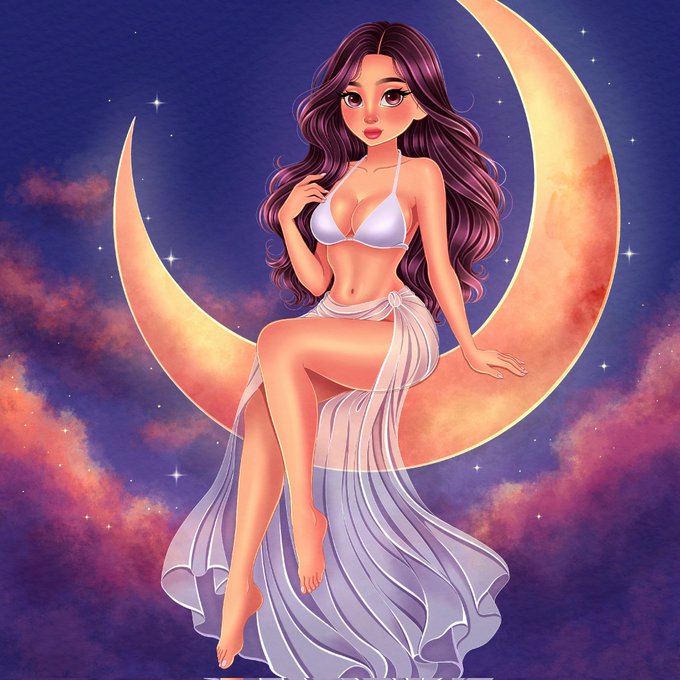 A digital illustration of an anime-style woman in a white bikini and flowing skirt sitting on a large glowing crescent moon against a starry purple sky.