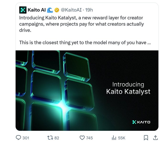 Tweet from @KaitoAI introducing 'Kaito Katalyst', a new reward layer for creator campaigns, with 301 replies, 82 retweets, 745 likes, and 55K views.