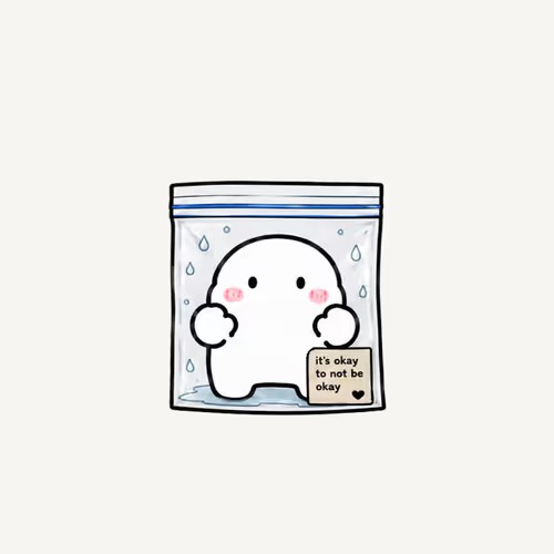A cute cartoon ghost inside a ziplock bag illustration with a note reading 'it's okay to not be okay' and a small heart.