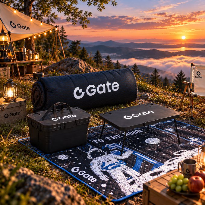 A branded camping setup is displayed on a mountain at sunset, featuring gear with the 'Gate' and 'C Gate' logos on a space-themed mat.