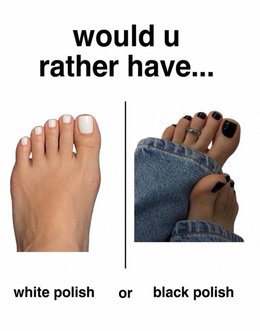 A 'would you rather' poll showing two feet side by side—one with white nail polish and one with black nail polish—labeled 'white polish' and 'black polish' respectively.